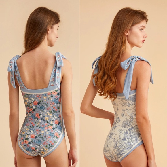 Retro Blue and White Floral Reversible Swimsuit with Shoulder Ties - Picture 4 of 16